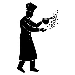 Black chef sprinkling seasoning from bowl cooking black silhouette