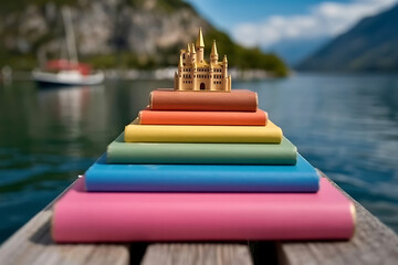 A golden castle atop a stack of colorful books near a lake with a boat and mountains in the distance
