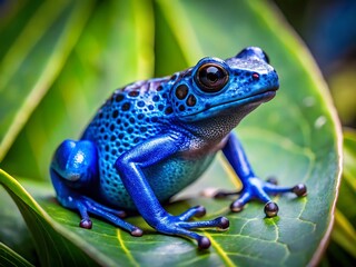 Obraz premium A blue poison dart frog sitting on a leaf in the rainforest