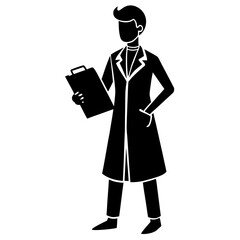Black silhouette man in lab coat holding clipboard