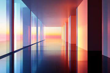 Modern Empty Hallway with Reflective Floor and Windows at Sunset