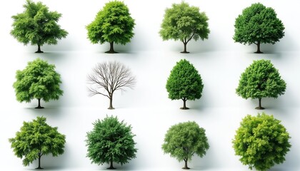 Collection of diverse trees viewed from above, isolated on white background. Features rich green foliage, bare branches, varying textures. Represents nature, botany, summer flora for design