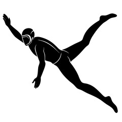 Black silhouette of diver in dynamic pose white underwater