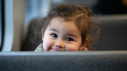 Toddler girl peeks between bus seats, playful smile lights up her face in the cozy squeeze of a public ride.