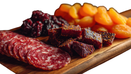 Appetizer platter featuring cured salami, dried apricots, and spiced beetroot
