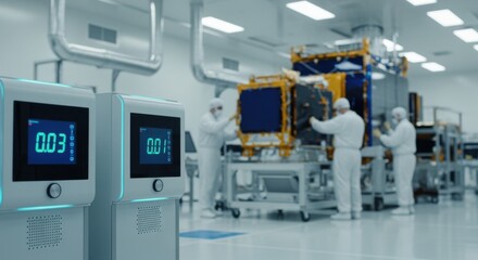 Environmental monitoring stations showing particle counts in a commercial satellite assembly cleanroom during payload integration.