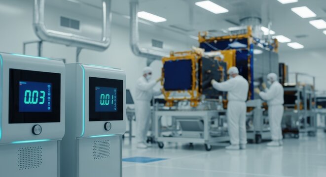 Environmental monitoring stations showing particle counts in a commercial satellite assembly cleanroom during payload integration.