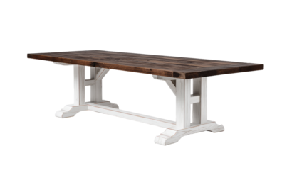 Rustic, long dining table with a dark wood top and whitewashed base