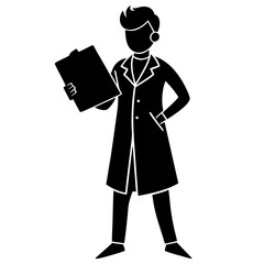 Black silhouette scientist holding clipboard white