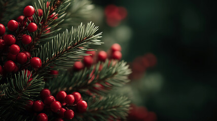 A dramatic macro of evergreen needles and bright red berries set against a deep moody background. Captures the essence of winter foliage symbolizing resilience vitality and classic Christmas 