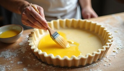 Chef applies egg wash to unbaked pie crust using brush. Close-up view details pastry preparation, artisanal baking techniques. Golden egg wash ensures flaky, delicious homemade dessert.