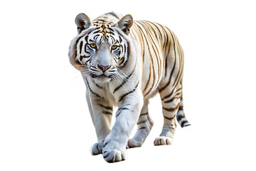 Obraz premium white tiger is walking on a rocky surface isolated on white background PNG,AI GENERATED