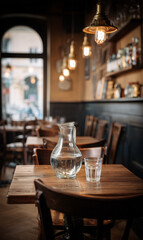 Fototapeta premium Glass of water centered on a rustic pub table with warm bokeh, evoking hospitality, calm refreshment, and simple mindful moments. 
