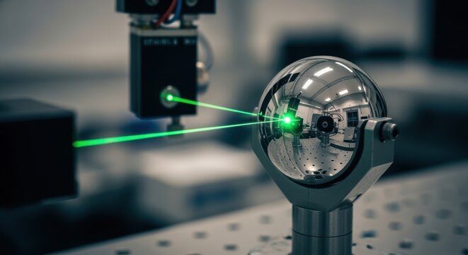 Optical interferometer laser beam reflecting off highprecision spherical mirror during advanced surface quality assessment.