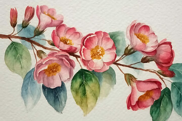 A watercolor painting of pink flowers and green leaves on a branch against a white background art