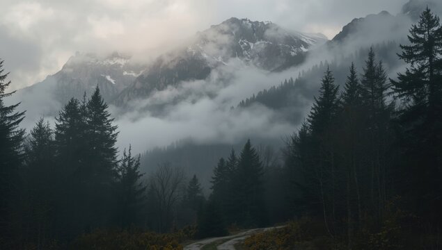 A misty mountain landscape with dense evergreen trees and low hanging clouds obscuring the peaks above