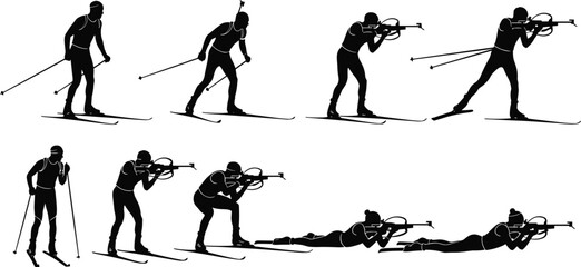Biathlon athlete silhouettes in skiing and shooting positions, vector illustration, isolated winter sports icons, competitive game elements, professional race and marksmanship symbols ©  Creative Crafter