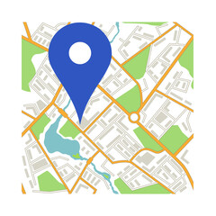 Blue map marker pin on abstract city map isolated on transparent background