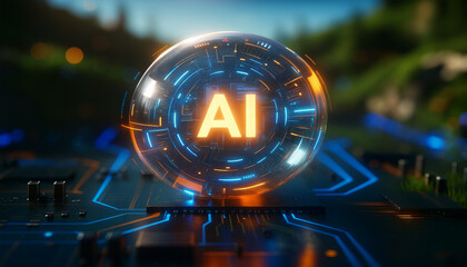 Digital artificial intelligence sphere with glowing circuit pattern and soft-focus green tones