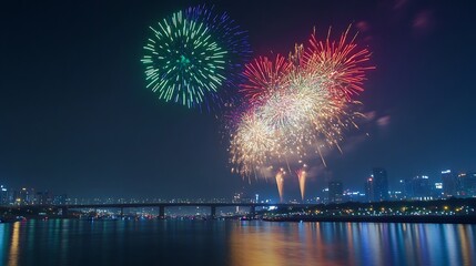 Obraz premium City skyline with fireworks over river and bridge at night celebration photo