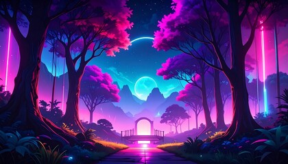 A vibrant, otherworldly forest path bathed in neon light and glowing colors, leading to a mystical archway under a celestial night sky.