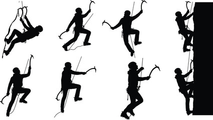 Ice climbing silhouettes set, climber with ice axes and crampons, vector illustration, isolated design, mountaineering sport icons, extreme winter adventure elements