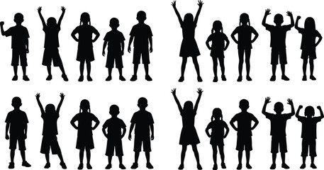 Silhouettes of children in various poses, standing and raising arms, playful kids illustration, vector design, isolated black figures, childhood activity and movement icons
