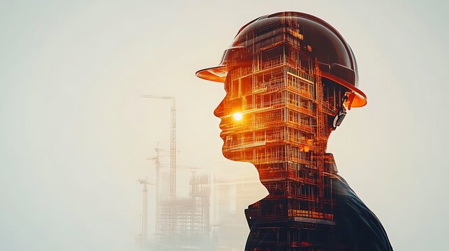 Double exposure of construction worker profile and building construction silhouette photo