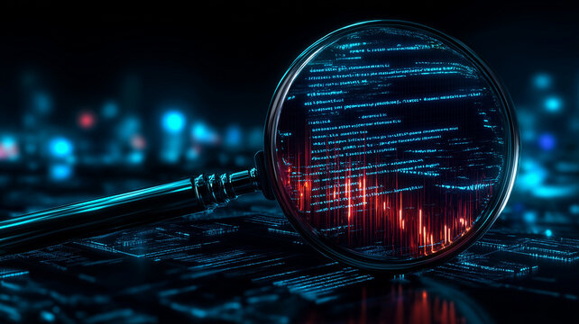 Magnifying glass over code and anomaly spikes, visualizing cybersecurity analytics, threat hunting, and real time risk monitoring across systems.
