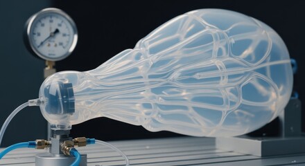 Transparent soft robot actuator expanding with air pressure highlighting the material elasticity and bioinspired design during pneumatic testing.