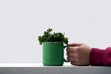 A hand holding a green mug filled with parsley on a white surface against a white background indoors
