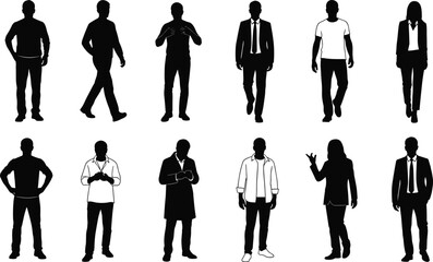 People silhouette set with various standing, walking, and gesture poses, vector illustration, isolated icons of casual and formal outfits