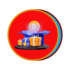 Bitcoin gift box with presents isolated on transparent background