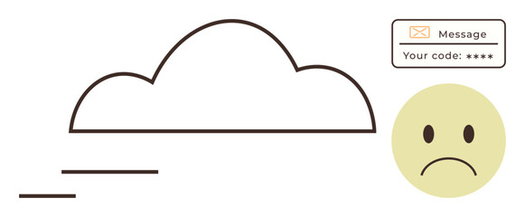 Cloud icon, security code message, sad face emotion signal technical issues or failed cloud access. Ideal for technology, security, communication, frustration, error, user experience simple flat