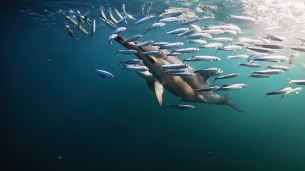 Stunning underwater footage capturing a pod of common dolphins in a feeding frenzy as they hunt sardines. This dynamic and high-quality stock footage showcases the speed, agility, and teamwork. © S Stelmakhovich