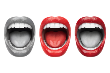 Isolated 3 open mouths with red and grayscale lips in row on transparent background
