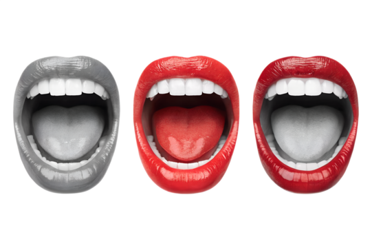 Isolated 3 open mouths with red and grayscale lips in row on transparent background
 - Powered by Adobe