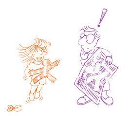 Cartoon – daughter with cut-out figure and surprised father