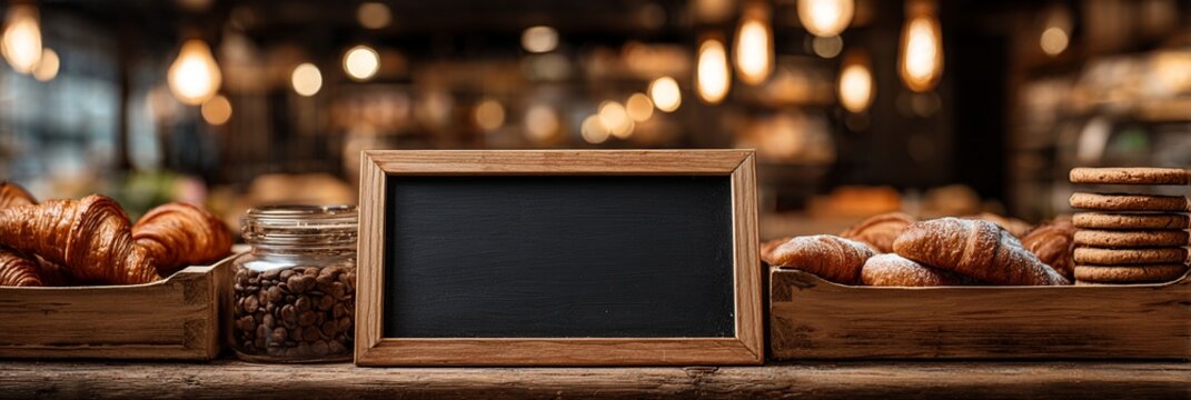 Rustic bakery scene with warm lighting, featuring a blank chalkboard menu flanked by fresh croissants, coffee beans, and artisan bread in a cozy, inviting cafe setting