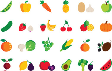 Colorful fruits and vegetables icon set, healthy food vector collection, flat design produce illustration, organic nutrition symbols, natural plant-based elements