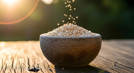 Pouring amaranth seeds into a rustic bowl on a wooden surface table