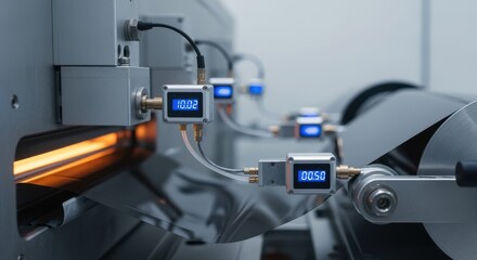 Side perspective of precision sensors monitoring temperature and gas flow during rolltoroll graphene chemical vapor deposition process.