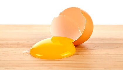 Broken egg with yolk spilled on a wooden surface.