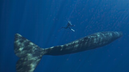 Naklejka premium Underwater shot of a freediver filming a giant sperm whale, massive marine mammal in natural habitat, stunning wildlife scene, powerful ocean life moment, beauty and freedom of nature captured