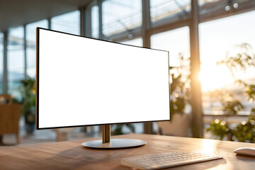 Modern workspace with empty computer screen at sunset in a bright room