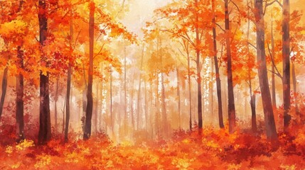 Fototapeta premium landscape with beautiful orange forest made with watercolor generative ai