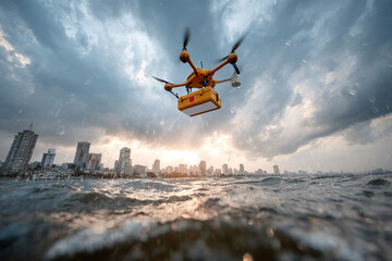 Naklejka premium Delivery drone navigates flooded urban area during stormy weather
