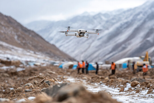 Drone delivering medical kits to remote areas during challenging weather conditions