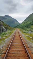 Fototapeta premium Scenic railway track stretching through lush green mountain valley with dramatic cloudy sky, creating a mesmerizing perspective of wilderness and solitude