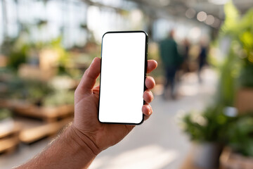 Hand holding a smartphone in a greenhouse filled with lush plants and blurred background activity